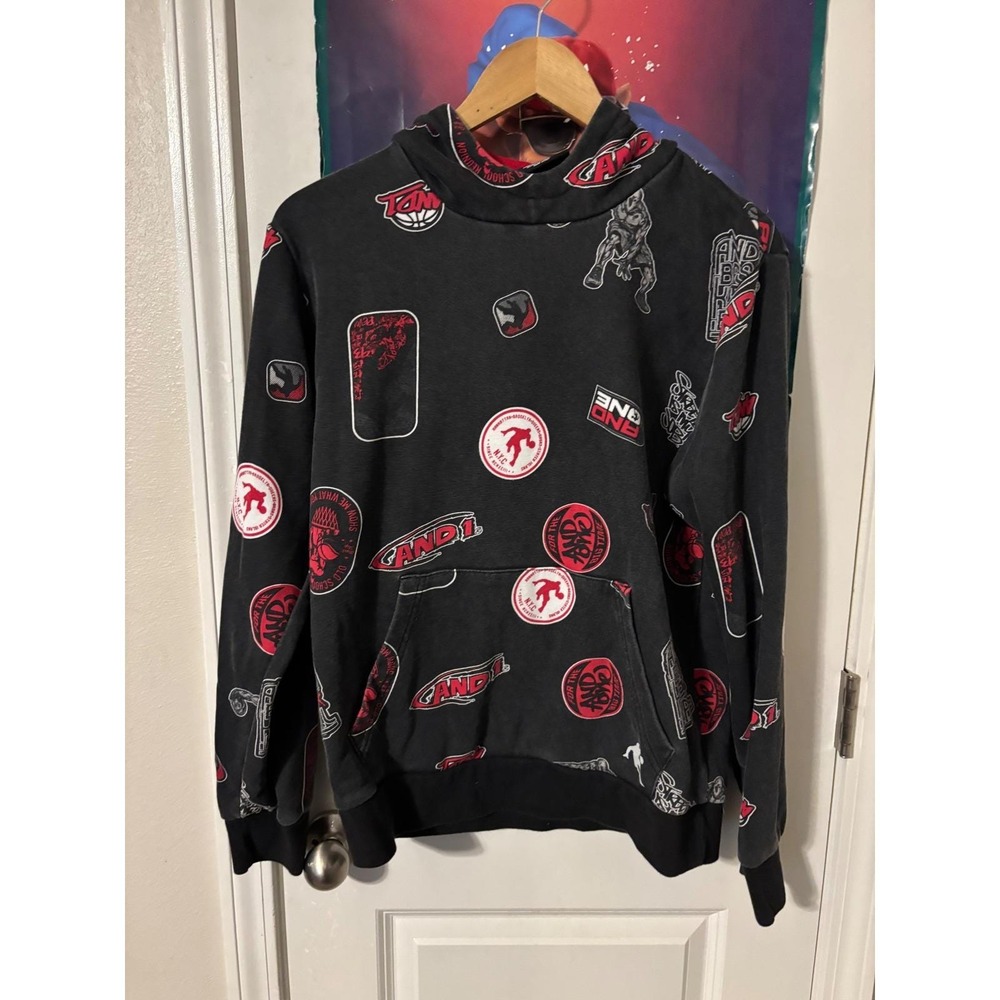 AND1 Graphic All Over Print Hoodie Black Red Men's Size small y2k 2000s